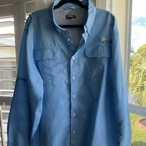 NWOT Habit Men’s Fishing Shirt Long Sleeve Marlin Blue and White Check Size XL